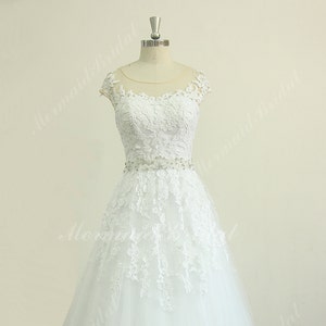 Keyhole Back White A Line Lace Wedding Dress With Elegant Beading Sash ...