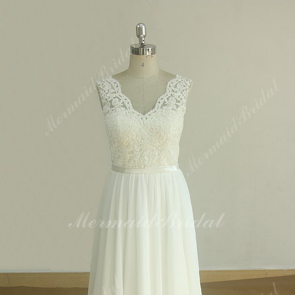 Deep V Neckline Ivory A Line Chiffon Lace wedding dress with scallop open back