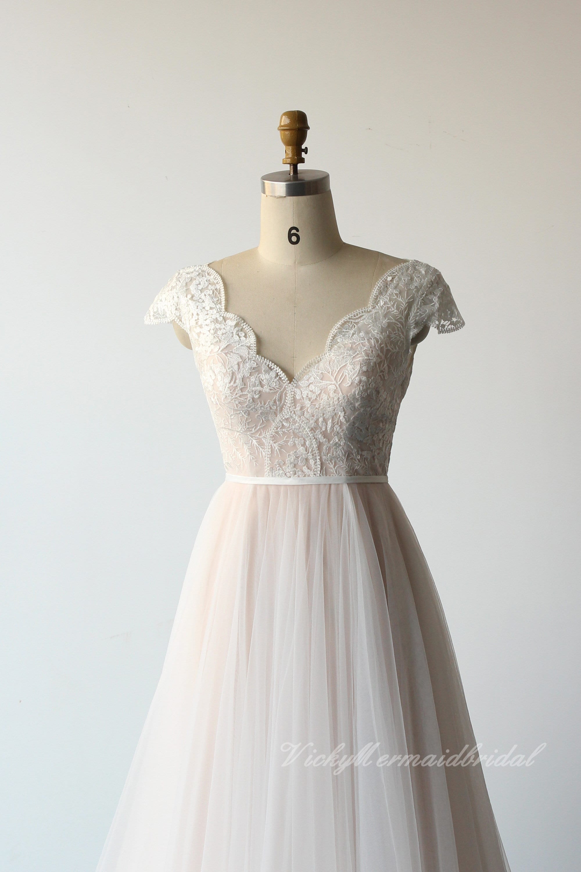 Blush Pink Lace Wedding Dress: A-Line Tulle Gown