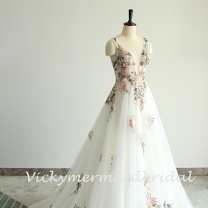 A-Line Wedding Dress: 3D Lace, Blush Flower Embroidery, Deep V Neck