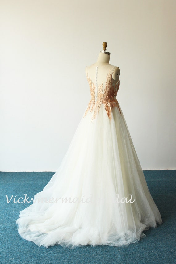 Champagne Tulle A-Line Wedding Dress: Golden Lace Appliques, Open Back