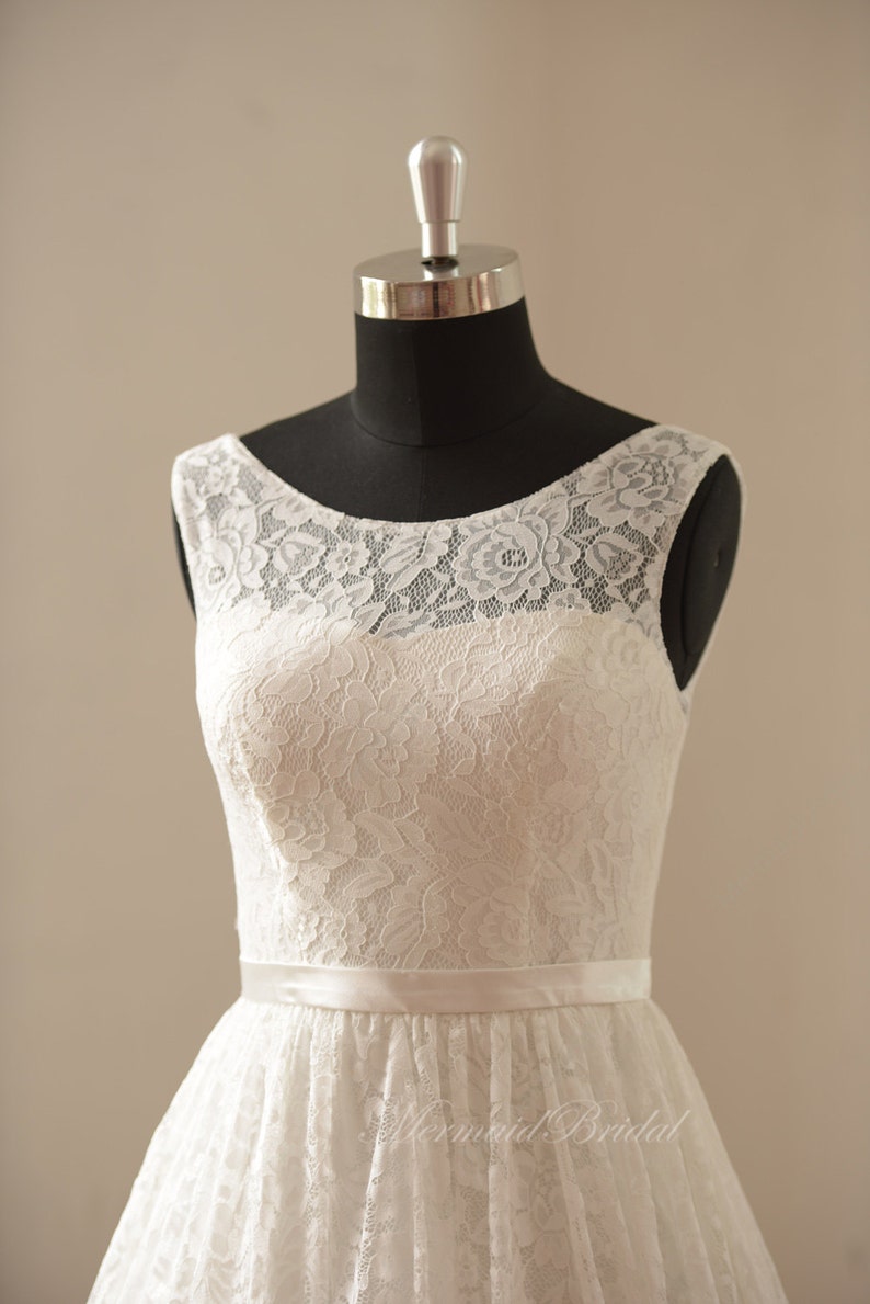 Ivory tea length vintage lace wedding dress imagem 2