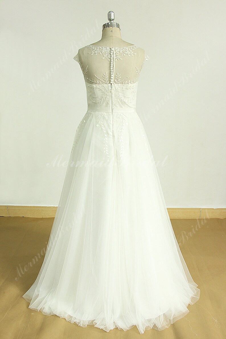 Ivory A Line Unique Beading Wedding Dress With Illusion Etsy