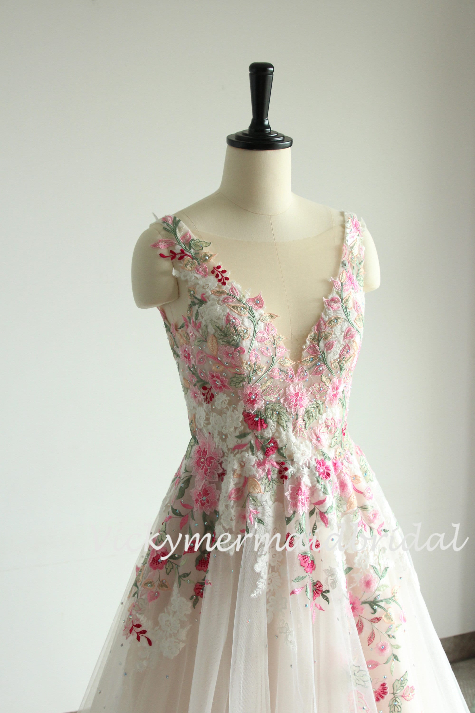Elegant Pink and Blush Wild Flower Lace Wedding Dress