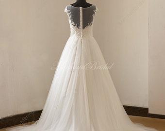 Romantic Open back ivory formal wedding dress with capsleevs