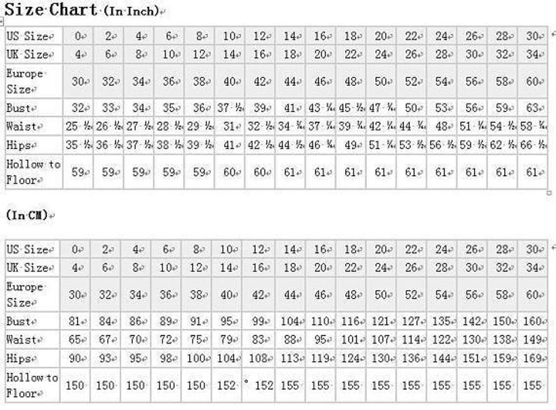 May include: Size chart for clothing in inches and centimeters. The chart shows US, UK, and European sizes, along with measurements for bust, waist, hips, and hollow to floor.