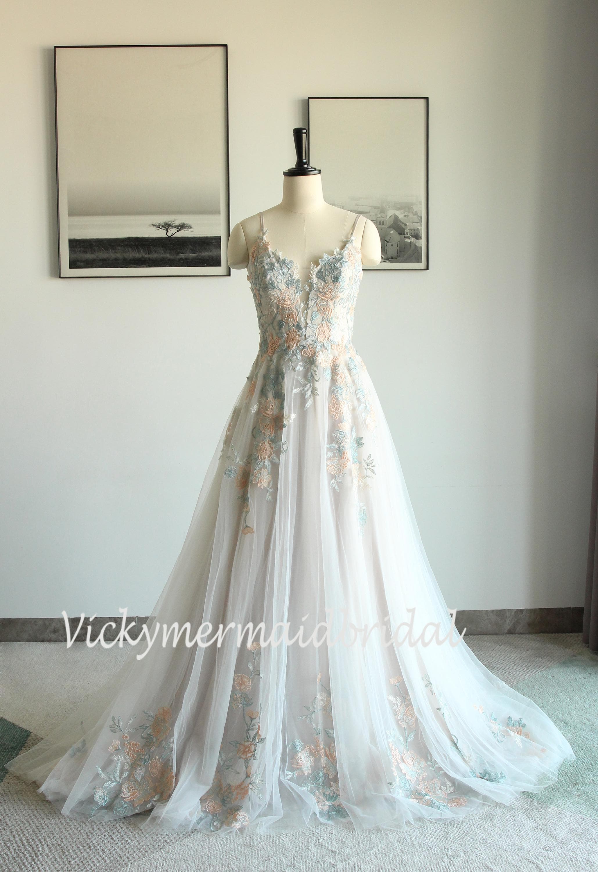 Floral Embroidery Wedding Dress: Colorful A-Line Tulle Gown