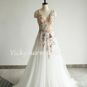 Wildflower Embroidery Wedding Dress: A-Line Tulle Deep V-Neck