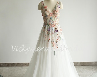 Wildflower Embroidery Wedding Dress: A-Line Tulle Deep V-Neck