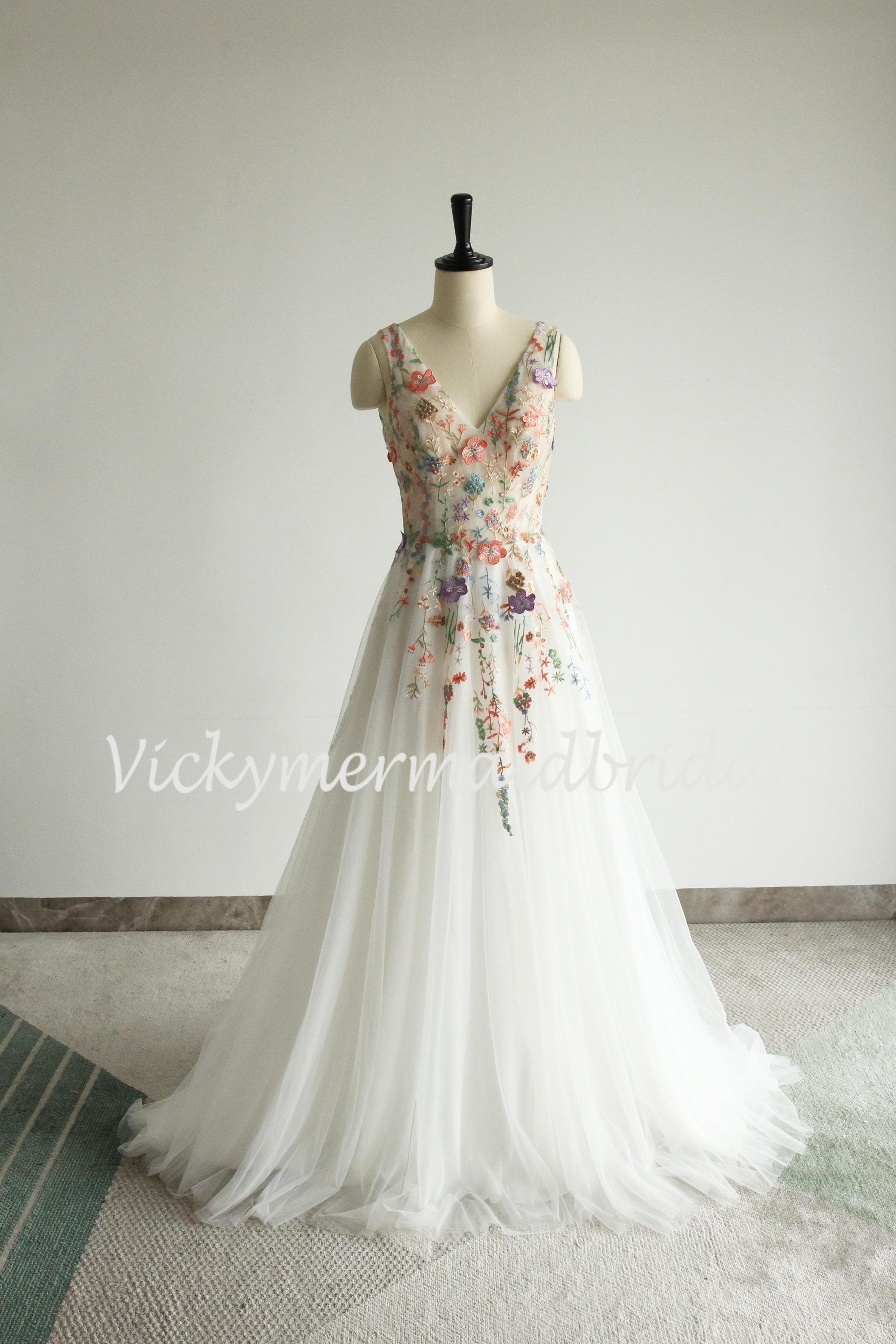 Wildflower Embroidery Wedding Dress: A-line Tulle Deep V