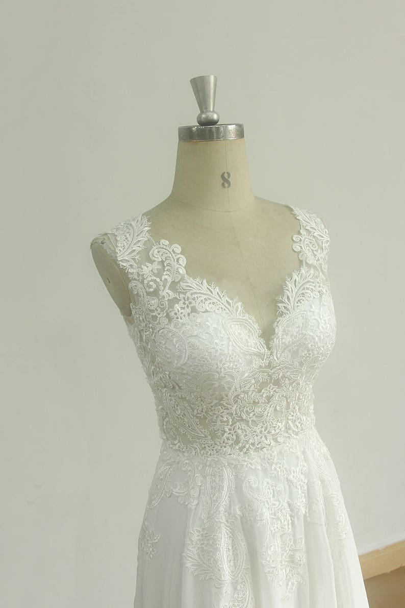 Sleeveless Vintage Chiffon Lace Wedding Dress with Deep V neckline and Elegant Open Back image 3