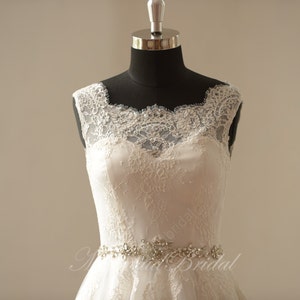 Open back Ivory a line lace wedding dress with illusion neckline and beads sash image 2