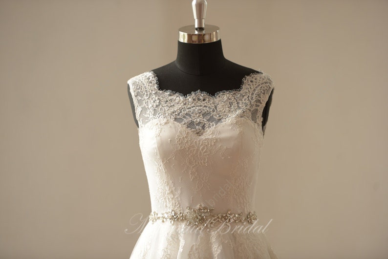 Open back Ivory a line lace wedding dress with illusion neckline and beads sash image 2