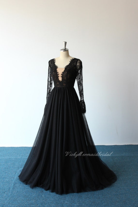Vestido de fiesta de manga larga con apliques de tul negro Vestido de –  SheerGirl