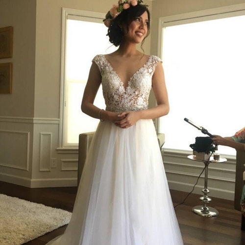 champagne flowy wedding dress