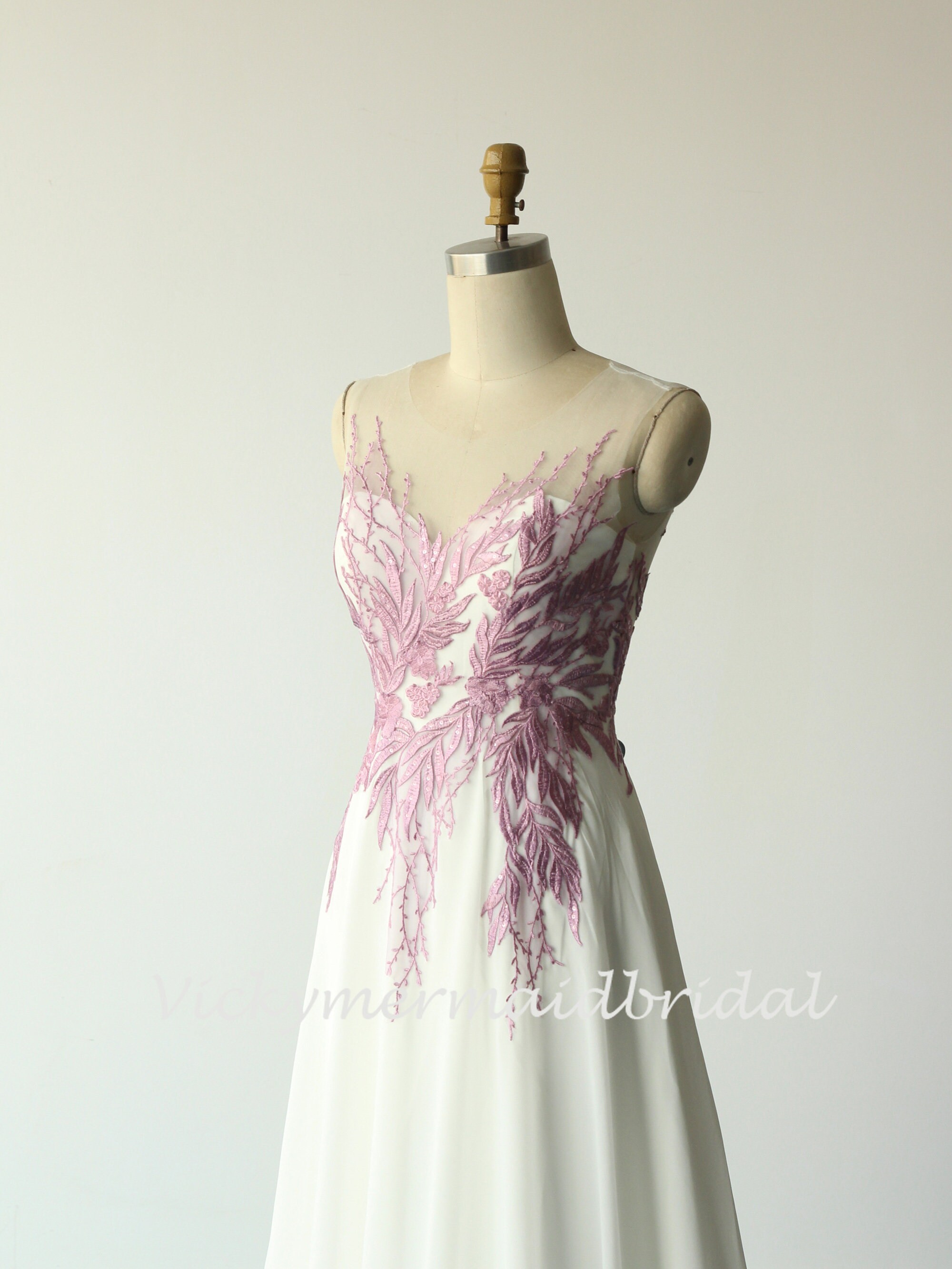 Elegant Purple Lace Wedding Dress: Sheer Back A-Line Gown Elegant Purple Lace Wedding Dress: Sheer Back A-Line Gown