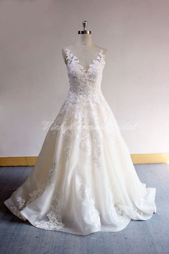 Unique Pale Blush Lace Wedding Dress Deep V Neckline Wedding Etsy