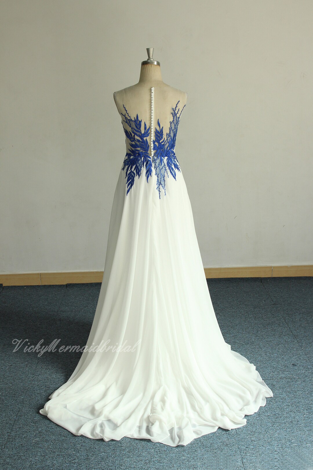 Ivory Chiffon A-Line Wedding Dress: Royal Blue Lace Applique