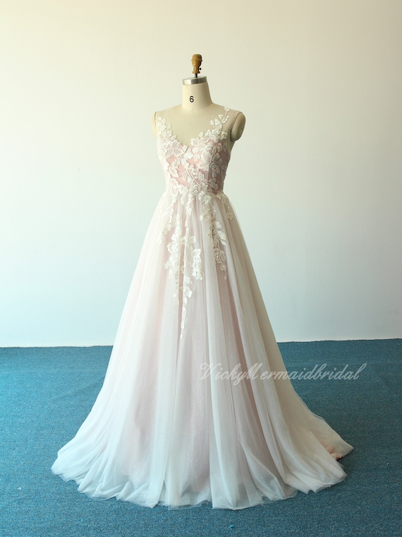 Unique Blush Pink Tulle Lace Wedding Dress A-line Wedding - Etsy