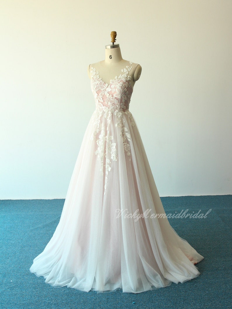 Unique blush pink tulle lace wedding Dress, A-line wedding dress with sweetheart neckline and glittery lining image 1