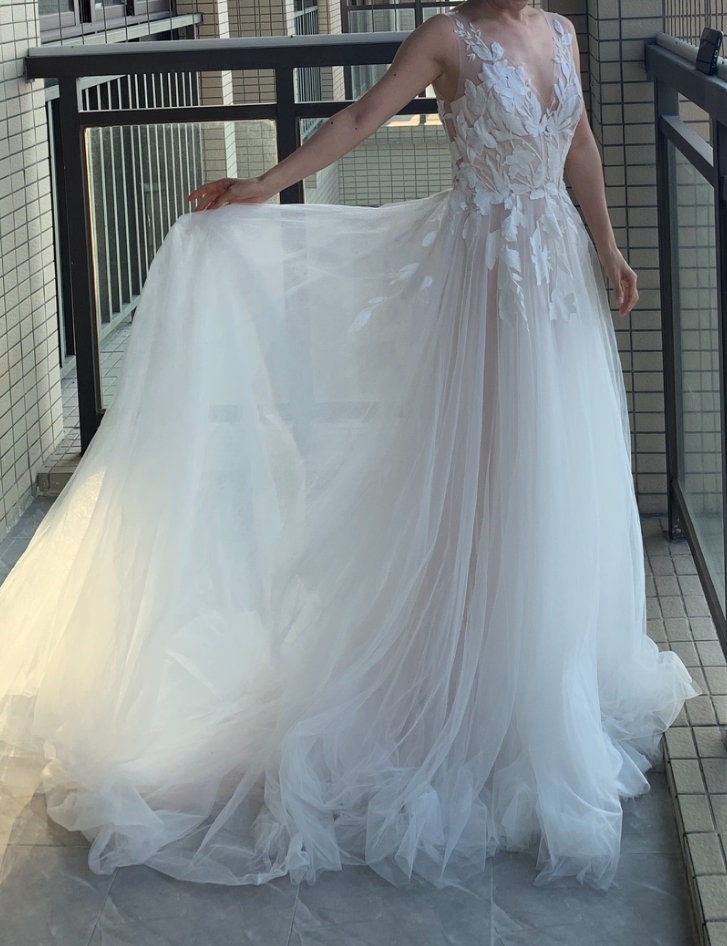 Lace Colored Rustic Tulle Flowy Wedding Dress main image 1