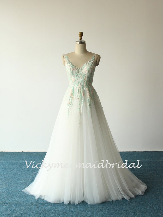 chinese dress ladies A-line Deep V neck 3D Lace Applique Wedding Dress Long Sleeve Rustic W –  SELINADRESS main image 1