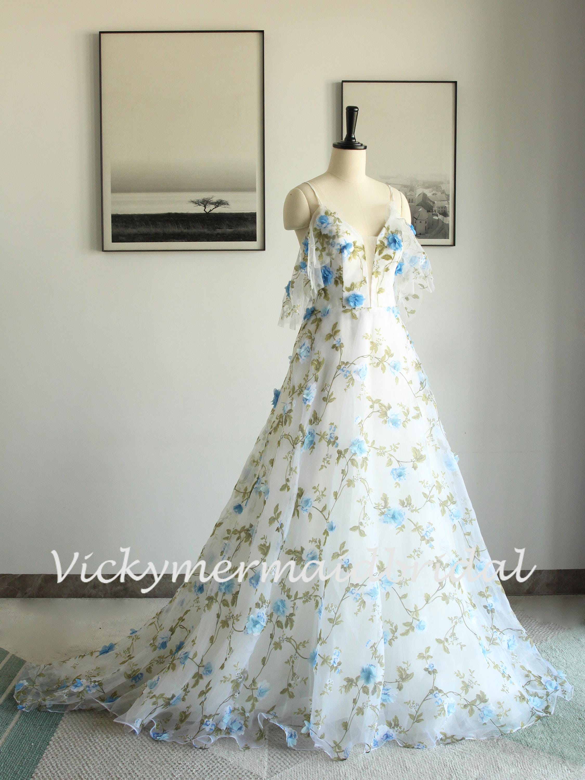 Blue Floral Print Organza Wedding Dress: Off-Shoulder A-Line Gown Blue Floral Print Organza Wedding Dress: Off-Shoulder A-Line Gown