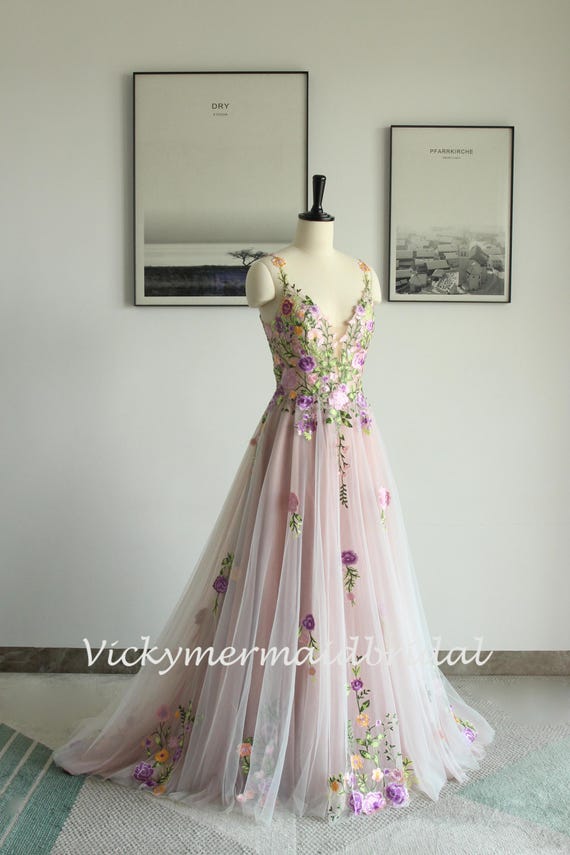 A-line Mauve Tulle Wedding Dress: Colorful 3D Lace, Deep V-neck