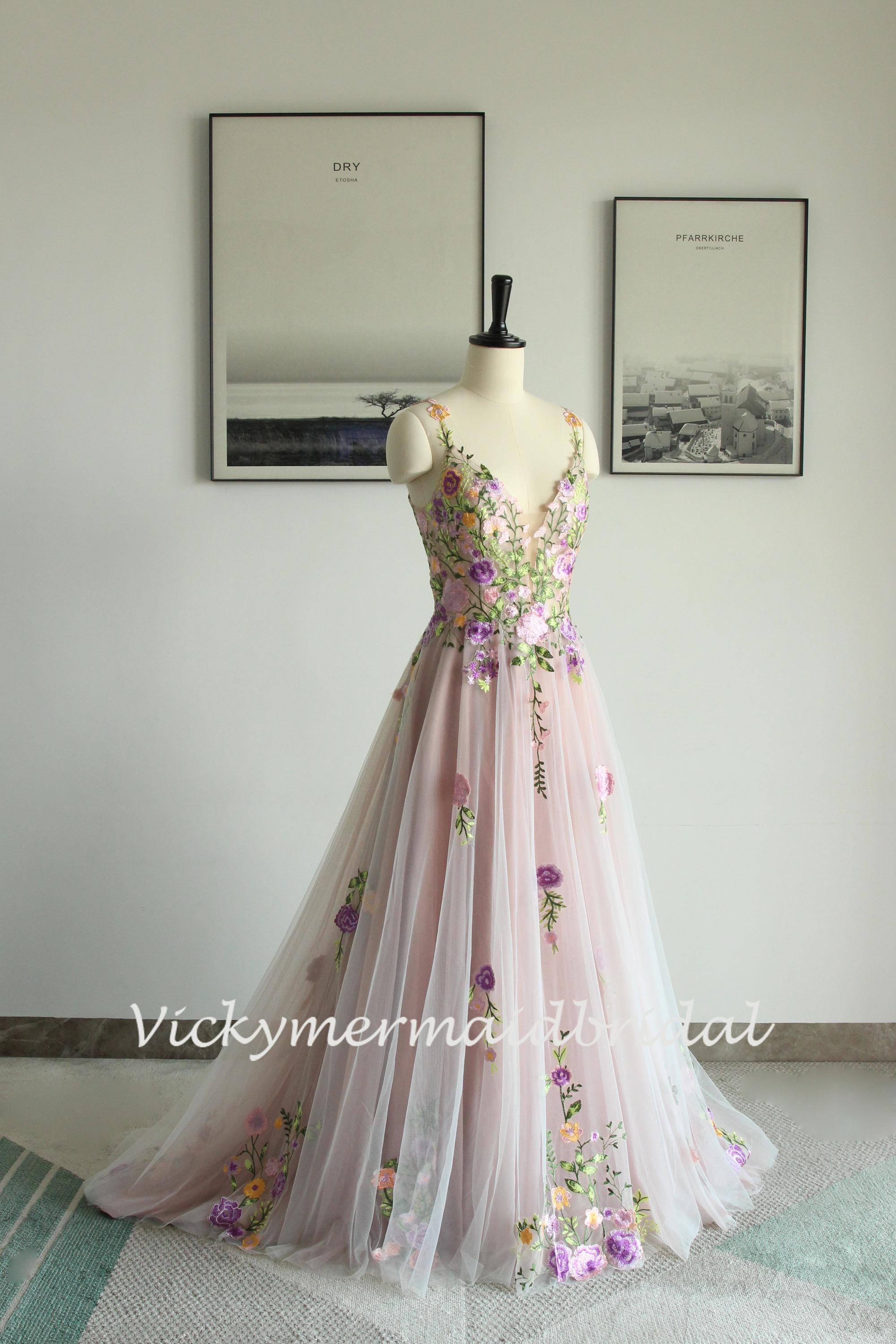 A-line Mauve Tulle Wedding Dress: Colorful 3D Lace, Deep V-neck - Etsy