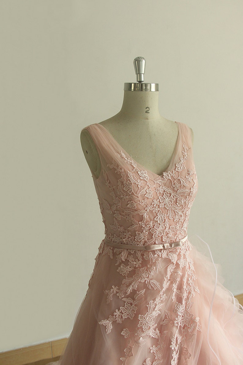 Blush Pink Deep v neckline Unique assymetrical lace tulle ruffled A line wedding dress image 4