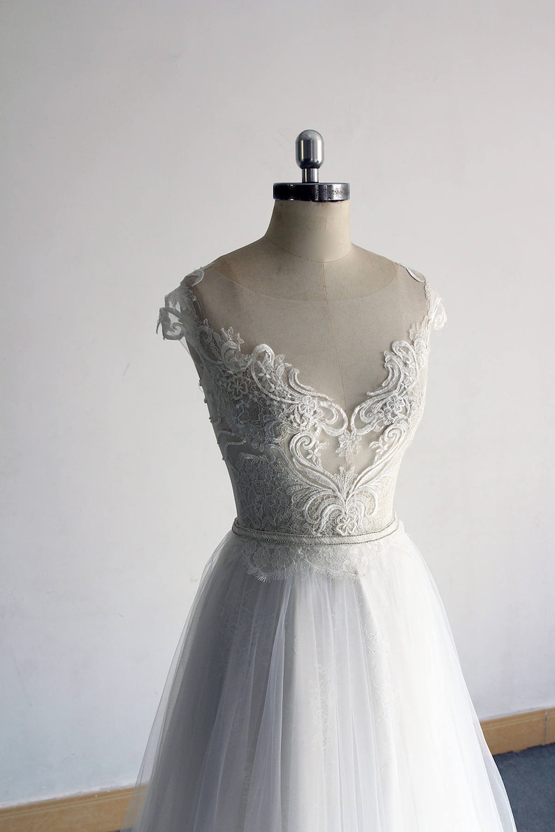 Lace See Through with Beaded Bodice Gowns Ivory