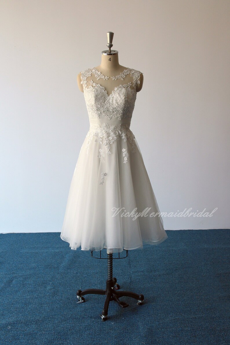 Lovely tea length tulle lace wedding dress, short wedding dress, destination wedding dress with illusion back 