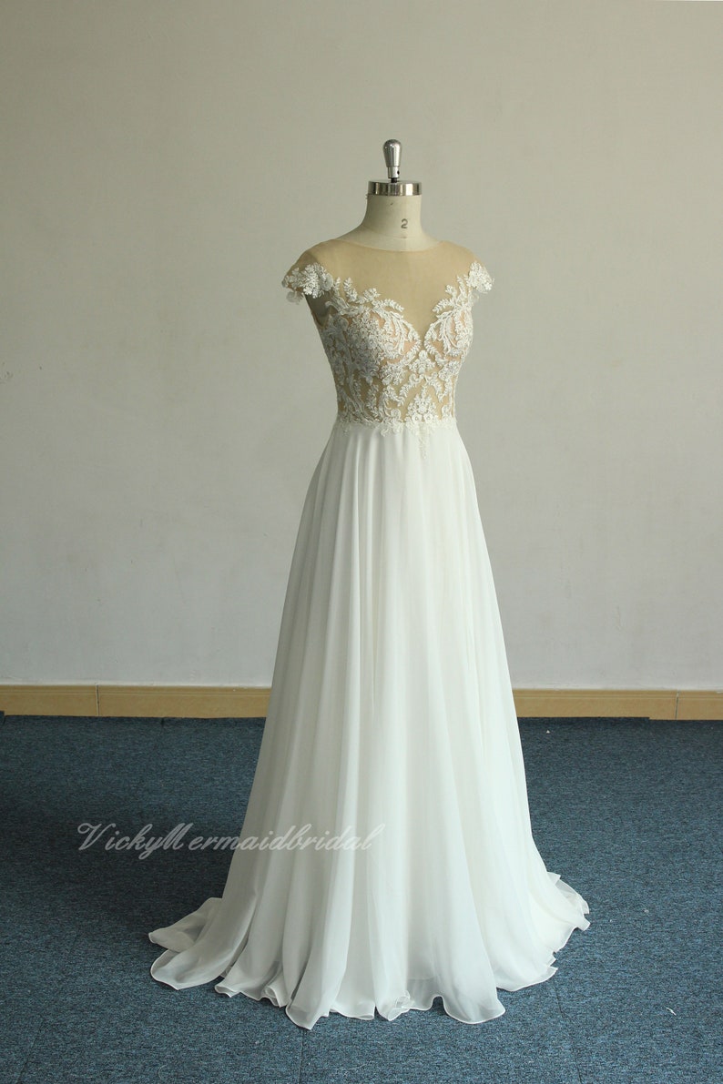 Elegant A-line chiffon lace wedding dress,open back bohemian wedding dress,bohemian bridal gown with illsusion nude neckline
