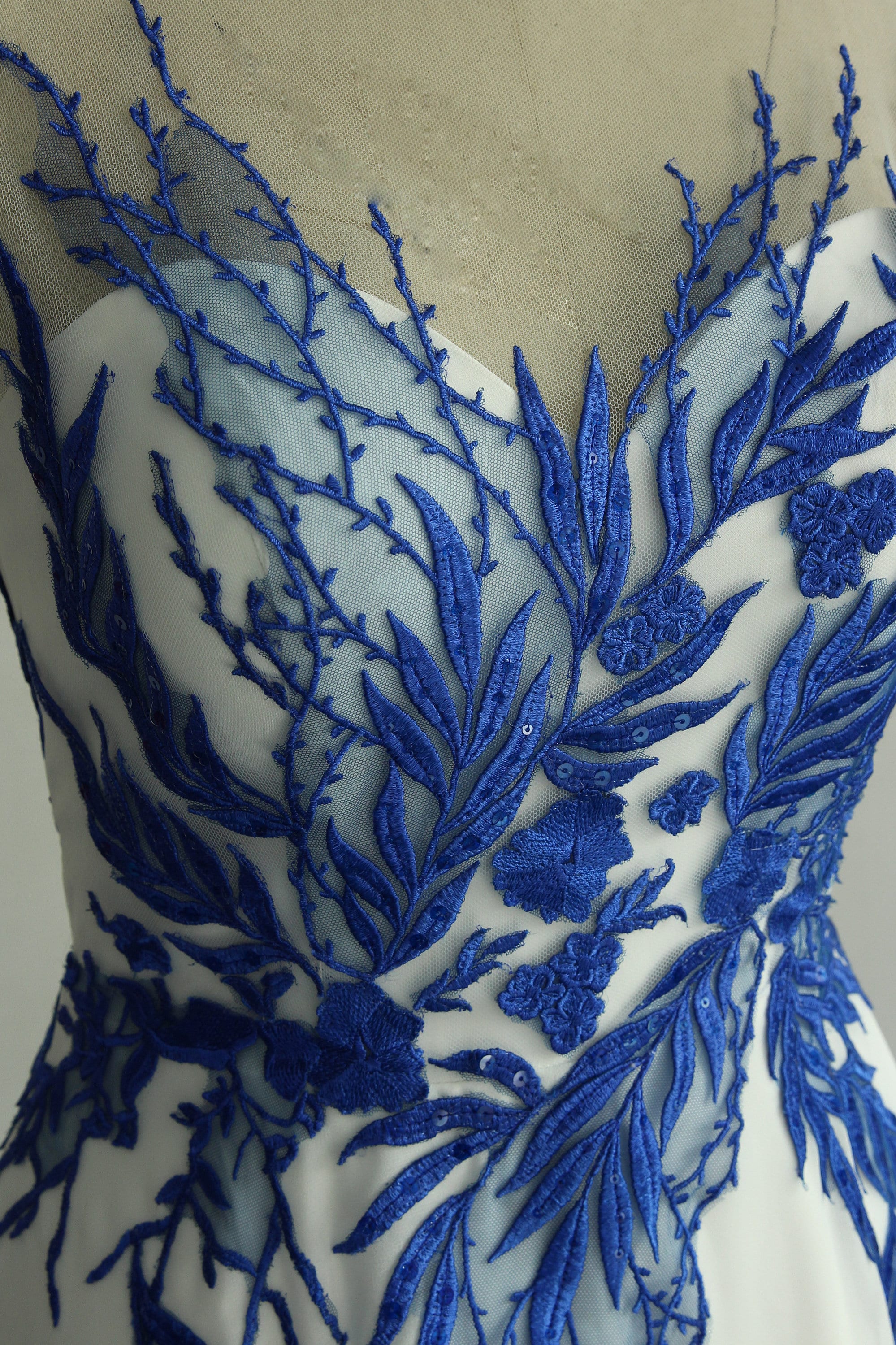 Ivory Chiffon A-line Wedding Dress: Royal Blue Lace Applique - Etsy