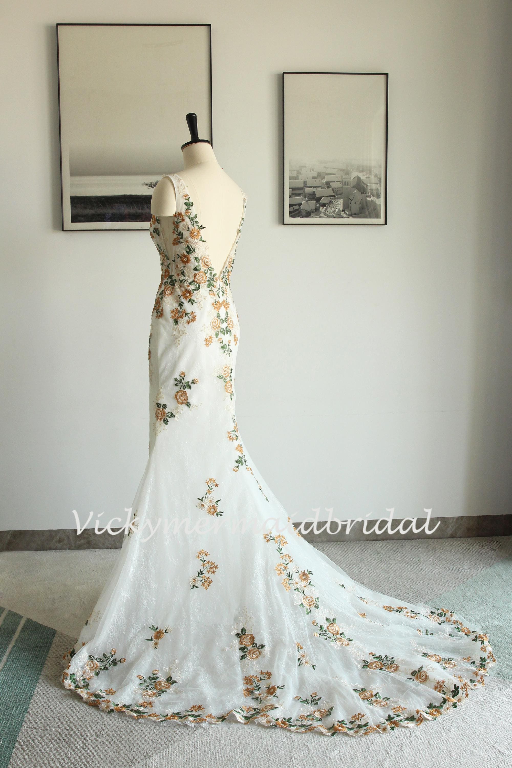 Green and Golden Flower Lace Wedding Dress: Fit and Flare Gown - Etsy