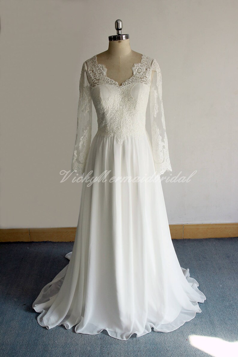Romantic Open Chiffon Lace Wedding Dress Flowy Beach Wedding Etsy