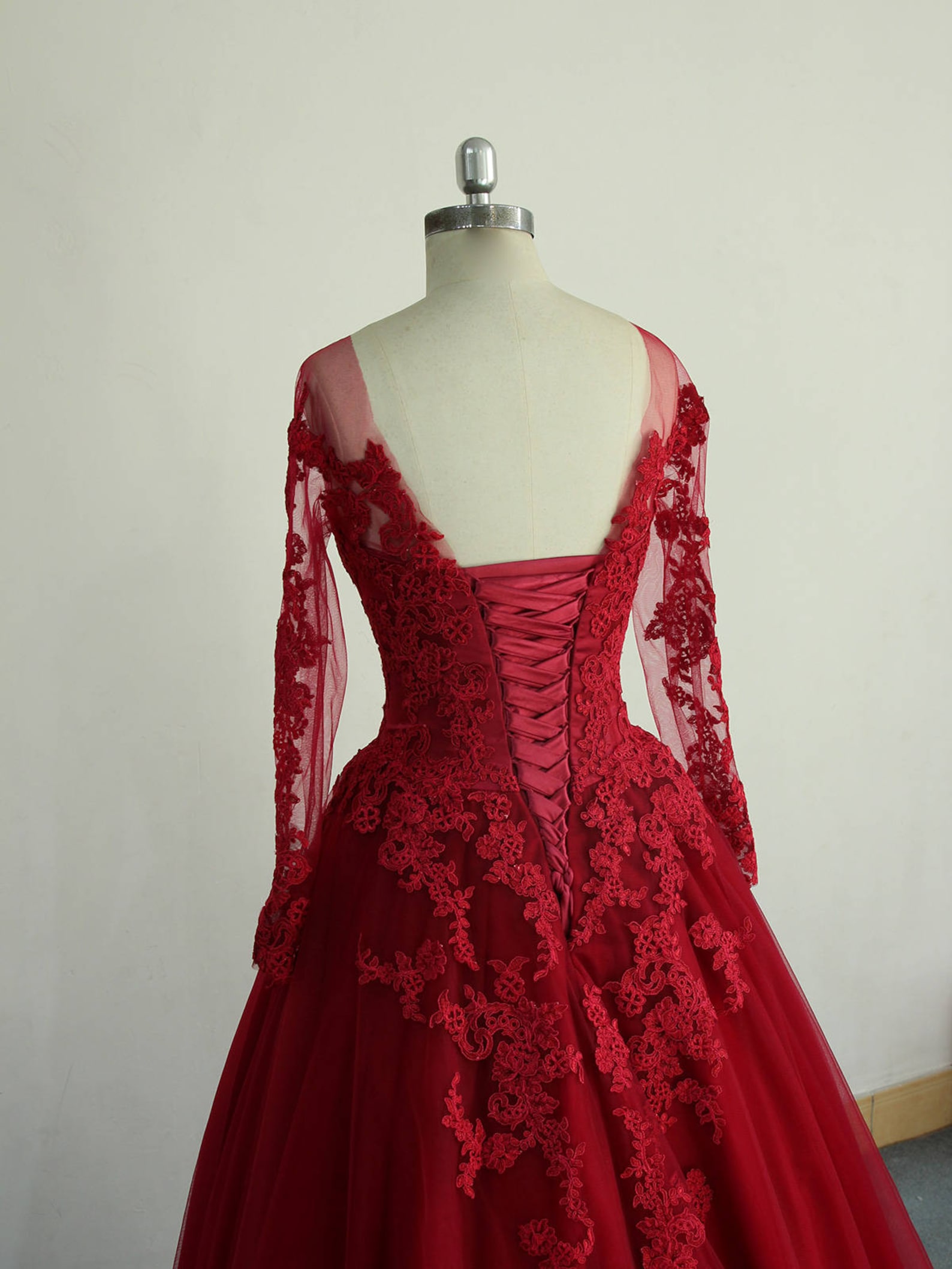 Elegant Aline Dark Red Vintage Lace Wedding Dress Open Back - Etsy