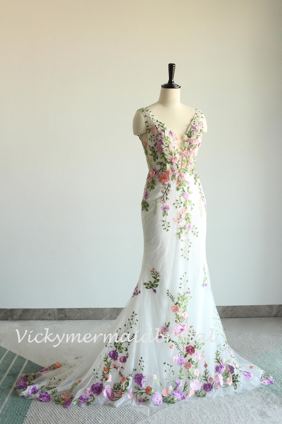 Floral Wedding Dress: Purple Wildflower Embroidery, Deep V-Neck Garden Gown