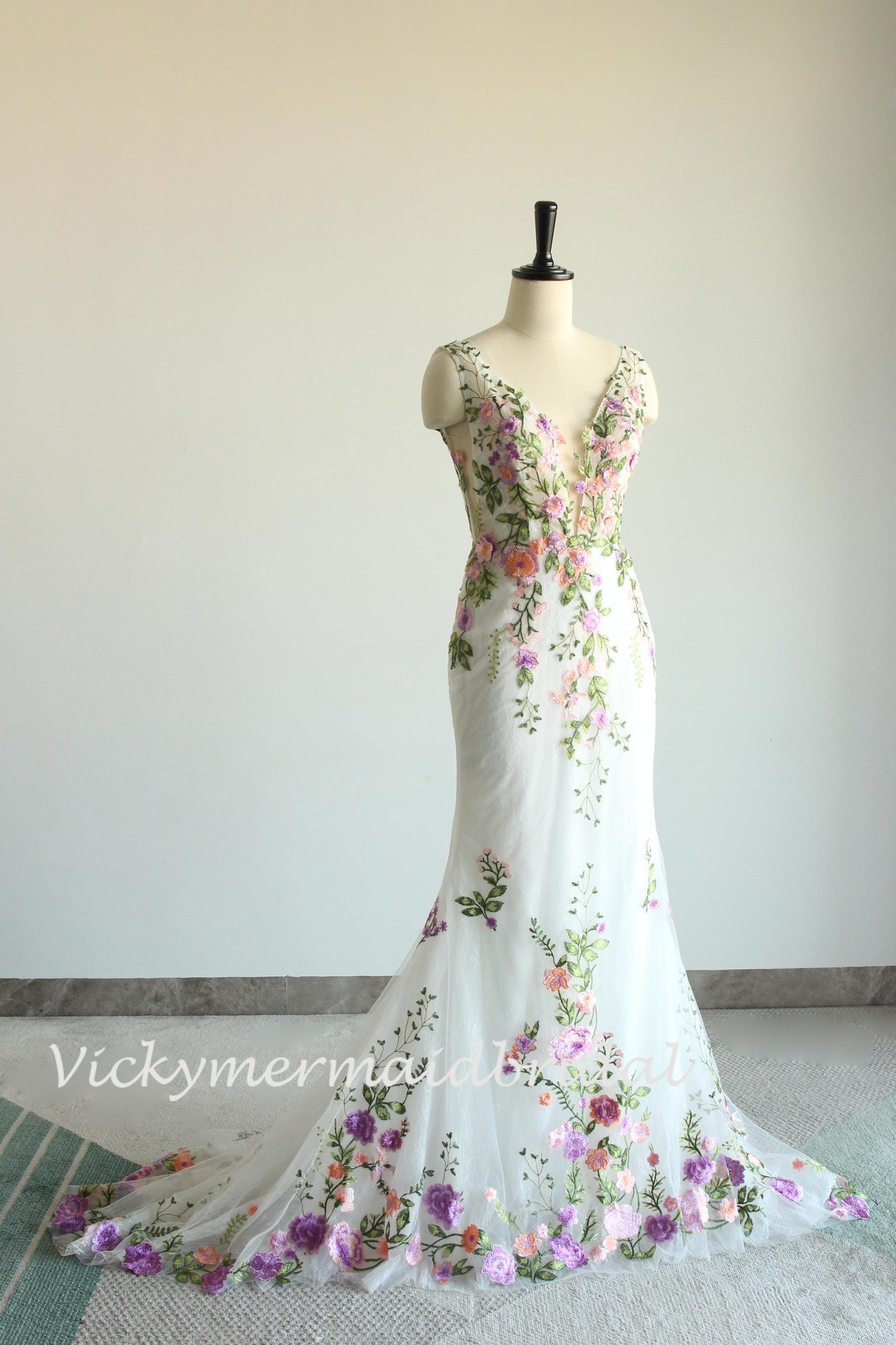 Floral Wedding Dress: Purple Wildflower Embroidery, Deep V-Neck Garden Gown