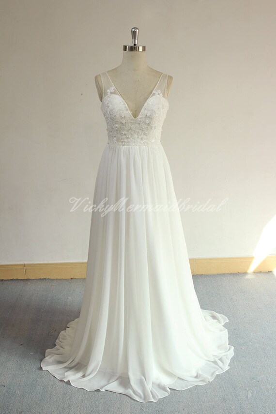 Flowy Deep V Neckline Chiffon Lace Wedding Dress Bohemian Etsy