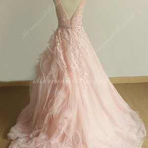 Blush Pink Deep v neckline Unique assymetrical lace tulle ruffled A line wedding dress image 2