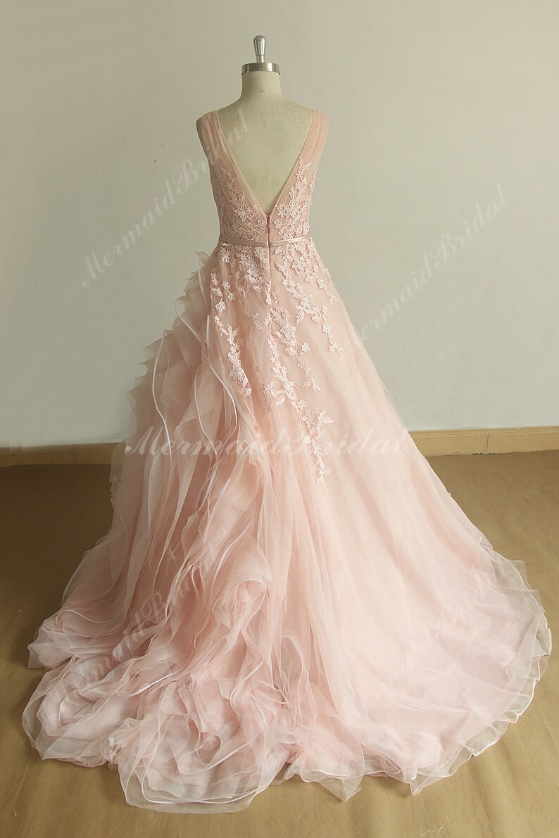 Blush Pink Deep v neckline Unique assymetrical lace tulle ruffled A line wedding dress image 2