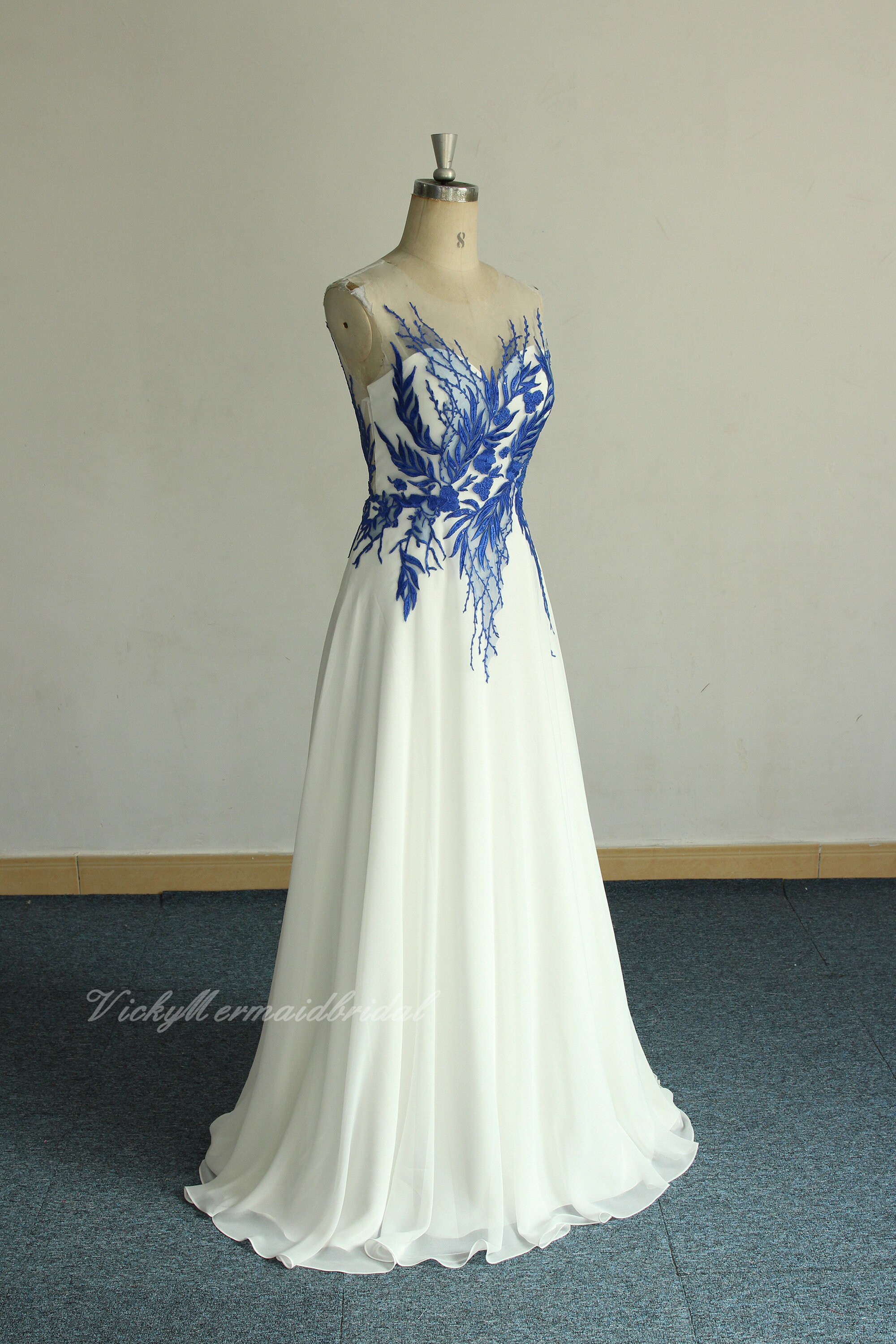 Ivory Chiffon A-Line Wedding Dress: Royal Blue Lace Applique Ivory Chiffon A-Line Wedding Dress: Royal Blue Lace Applique