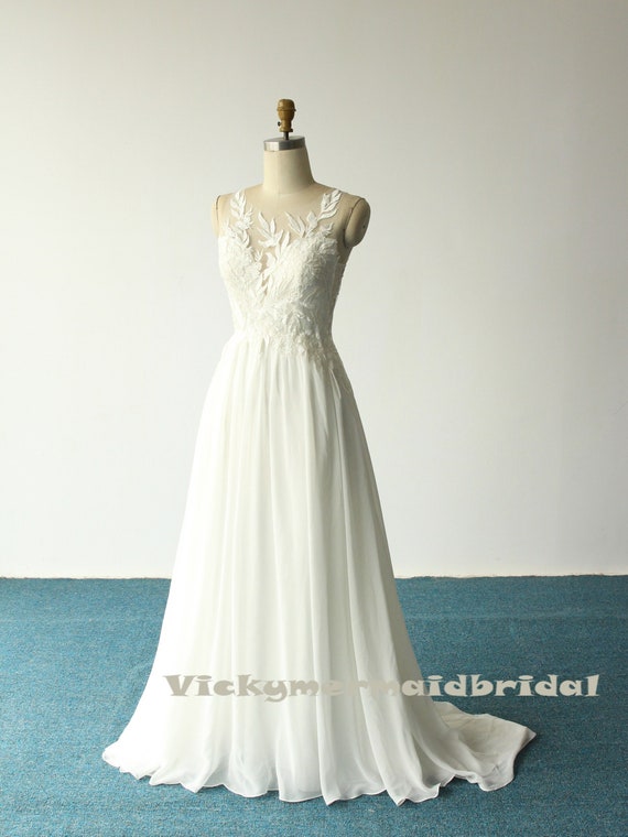 Flowy A-line 3D Lace Wedding Dress: Deep V-neck, Illusion Buttons - Etsy  Canada