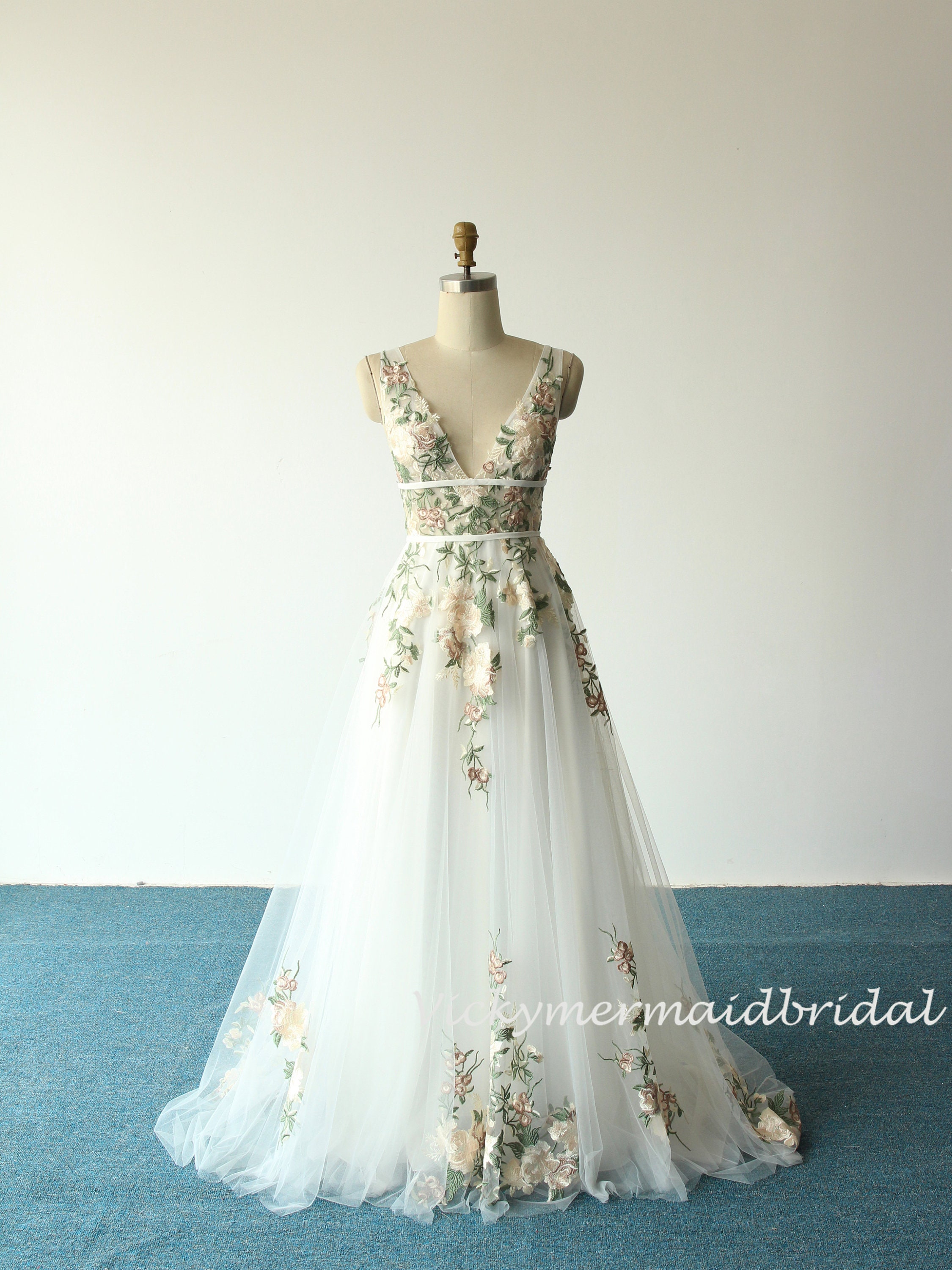 chinese dress ladies Zapaka Women Ivory A-Line V-Neck Wedding Dress with 3D Flowers Backless Sweep Train Bridal Dress, Ivory / US12 main image 0