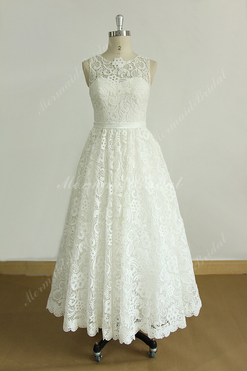 Stunning Ivory Vintage Tea Length a Line Lace Wedding Dress Etsy