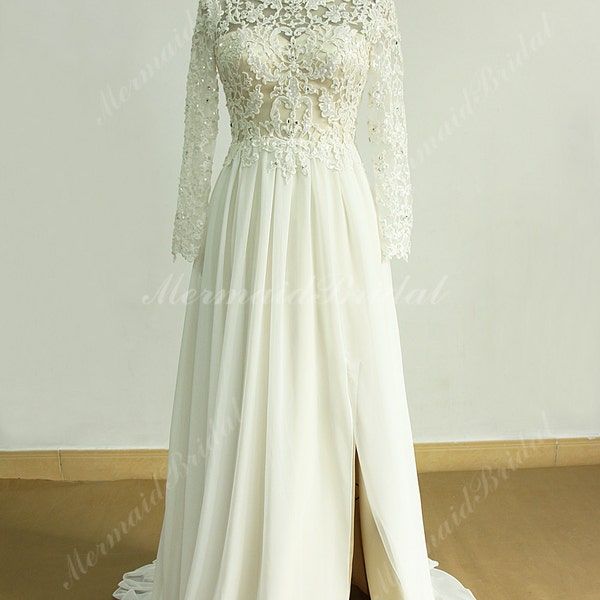 Ivory a line chiffon lace wedding dress with champagne lining and slits