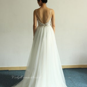 Open back sexy a-line wedding dress, heavy beading bohomian wedding dress, high fashion prom dres with open back and deep v-neckline image 7