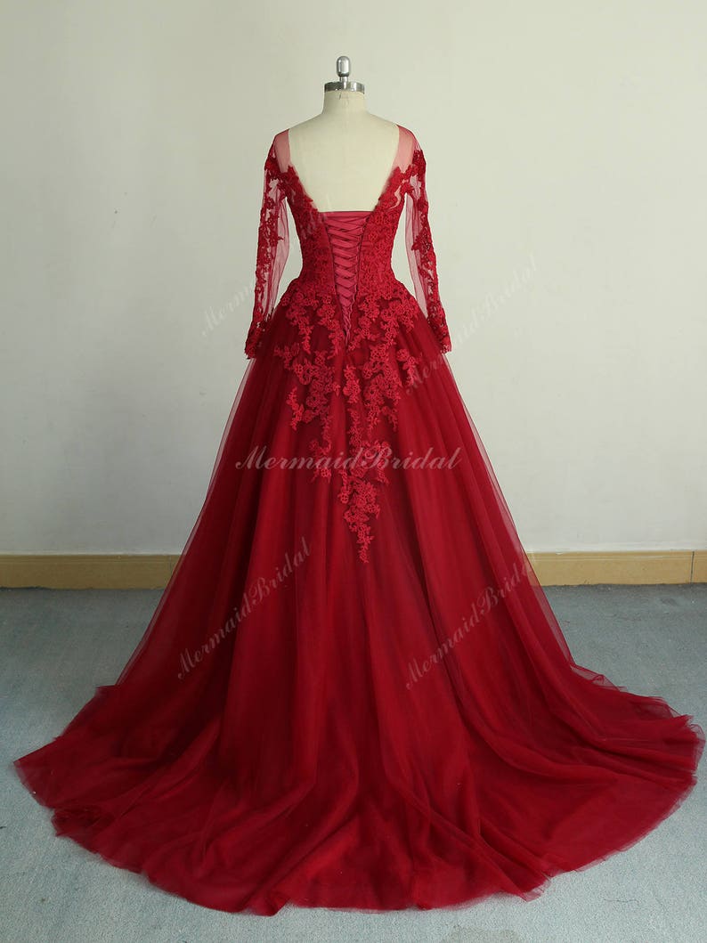 Elegant Aline Dark Red Vintage Lace Wedding Dress Open Back - Etsy