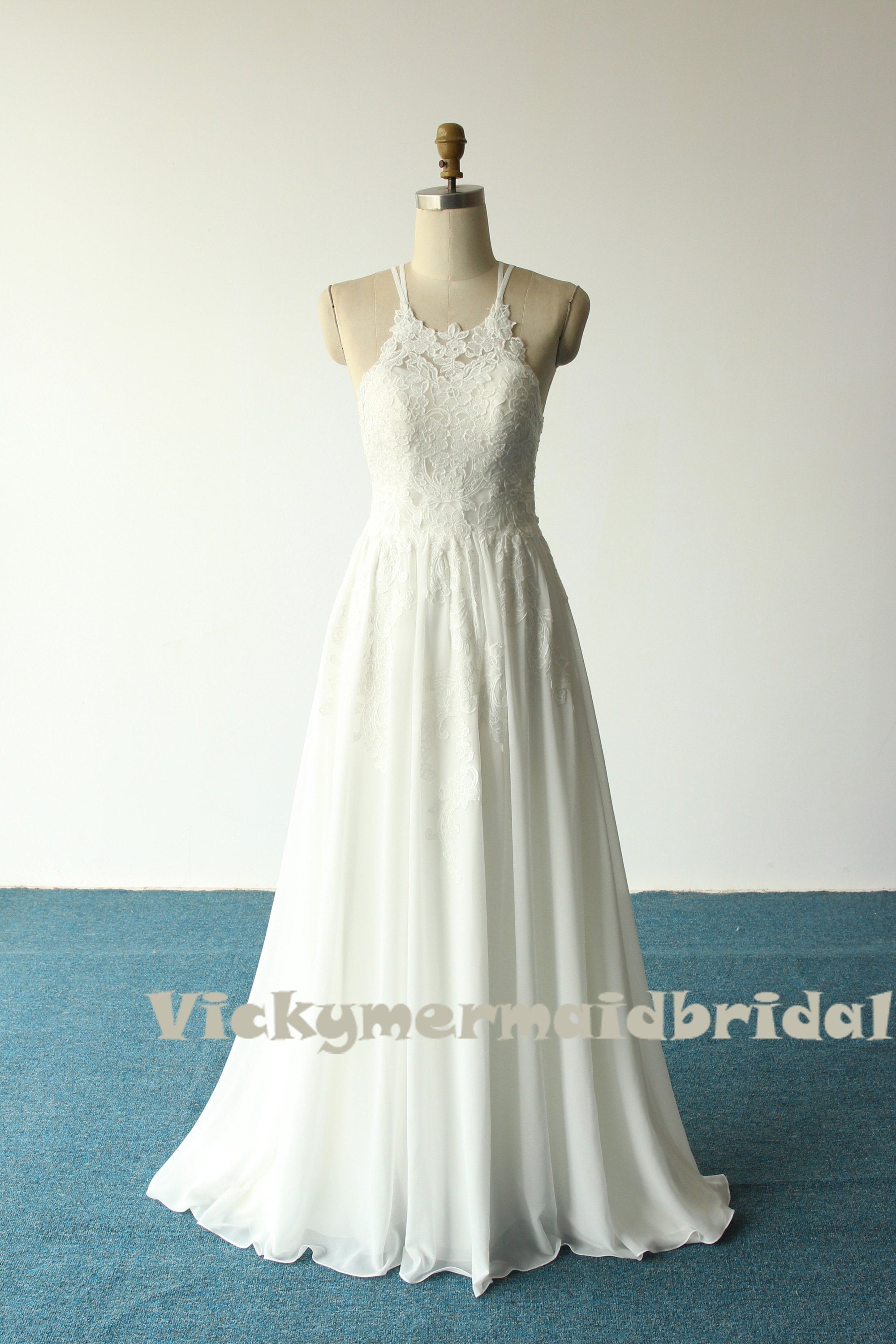Ivory Chiffon Lace Wedding Dress: Halter Bohemian Gown Ivory Chiffon Lace Wedding Dress: Halter Bohemian Gown